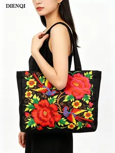 Ethnic Floral Embroidered Canvas Tote, Traditional Folk Bird & Flower Design, Bohemian Style Handbag for Daily Use, Perfect for Casual Outings