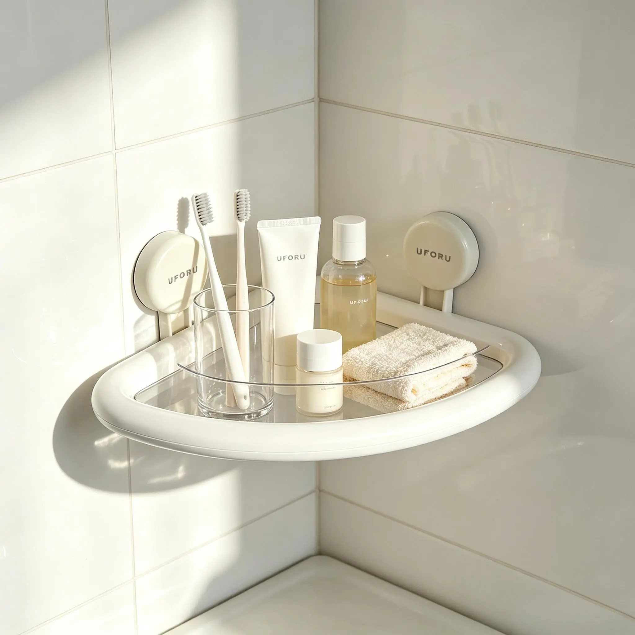 No-Drill Suction Corner Floating Shelf with Clear Transparent Tray - Punch-Free Removable Wall Organizer for Bathroom Vanity, Kitchen Spice Storage