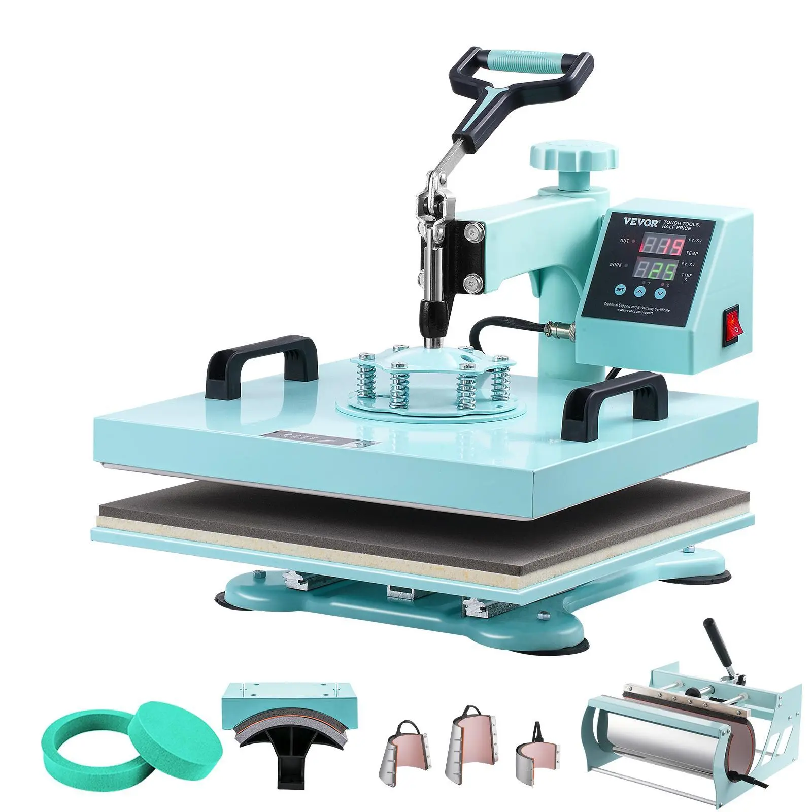【Backtoschool】VEVOR Heat Press Machine, 15 x 15 inch, 8 in 1 Heat Transfer Machine with 6-30 oz Tumbler Press, 360° Swing Away T-Shirt Pressing, Digital Precise Control, for T-Shirts/Mugs/Hats/Plates, Green