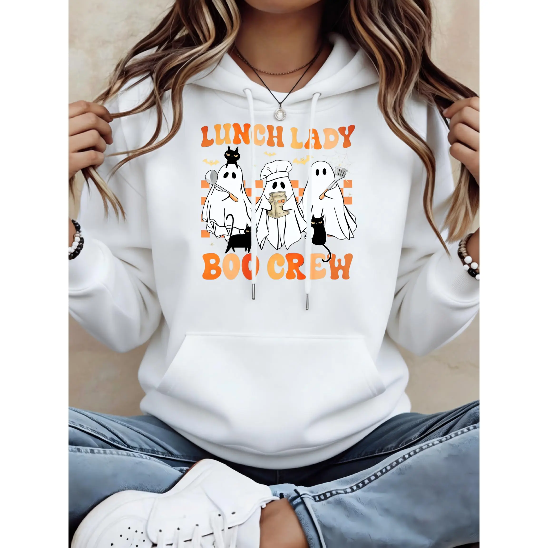 Women's Lunch Lady Boo Crew Ghosts Unisex Oversized Hoodie | Soft Breathable Cotton Blend Pullover | Trendy Cozy Loungewear & Streetwear For Daily, Gym, Travel & Fall Vibes