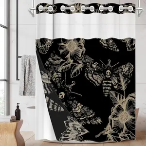 Double Layer Shower Curtain 71"×74", No Hook Gothic Moth Floral Bath Curtain, Vintage Spooky Style, Removable Liner, See-Through Top Window, Waterproof Mildew Resistant, Machine Washable Bathroom Decor