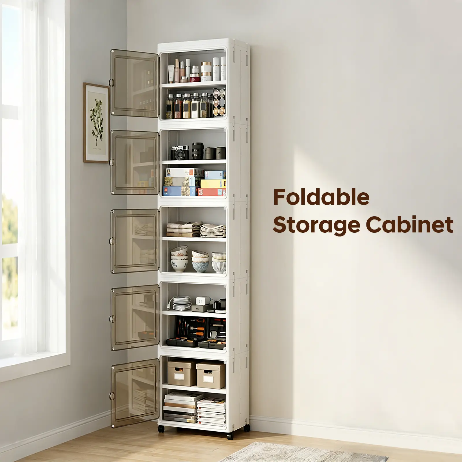 Naviconvex Modern Multi-Tiered Narrow Profile Storage Cabinet - 2/3/4/5-Tier Slim Tall Freestanding Organizer with Hidden Doors, 22/32cm Space-Saving Single Unit for Bathroom, Kitchen
