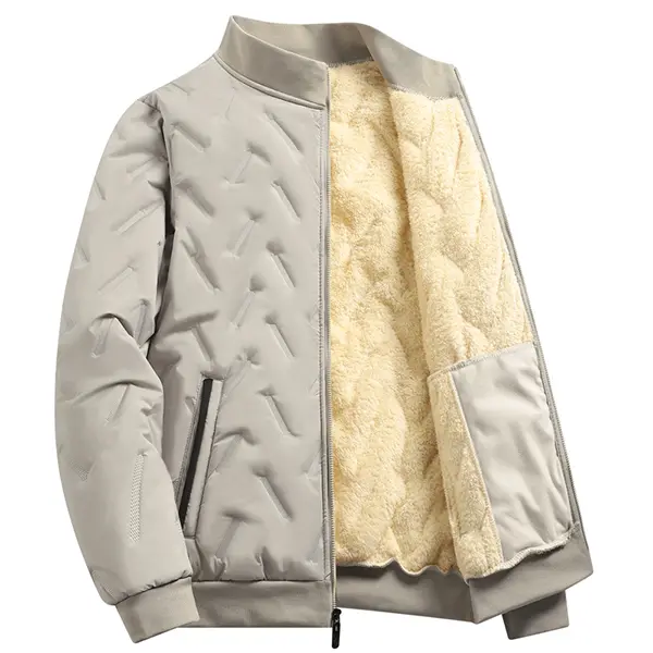 Men's Apricot Lamb Wool Jacket, a autumn and winter outdoor warm elastic stand-up collar cotton-padded coat with polyester fabric, fleece lining, zipper closure, designed for casual sports and long sleeves.