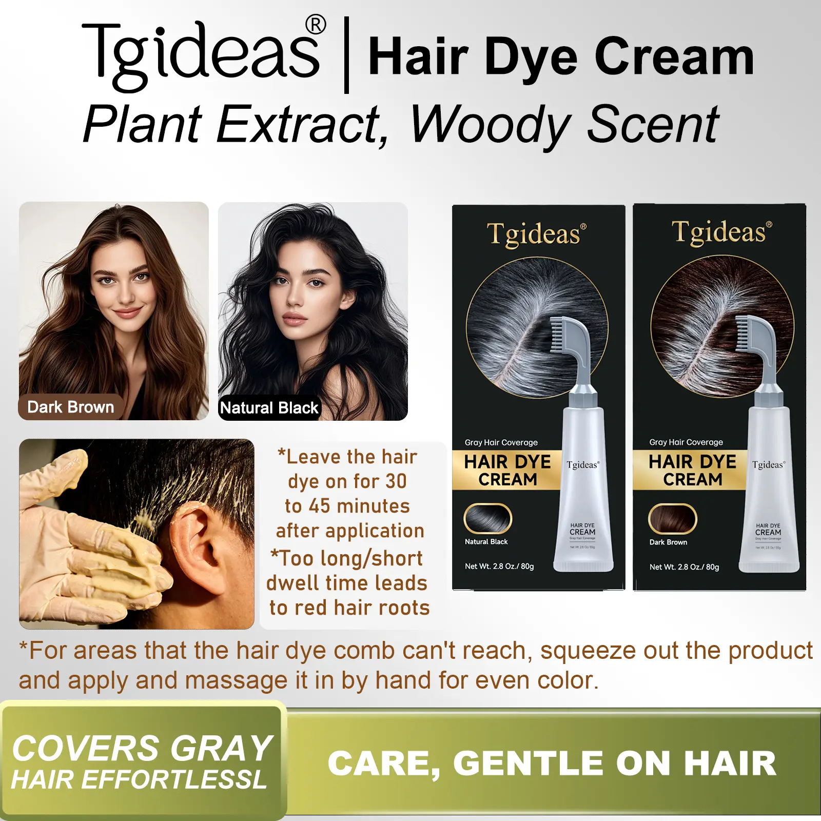 Tgideas Hair Dye Comb / Hair Dye Cream — Portable Home Uset, triple treatment, contains hyaluronic acid, 100% coverage of gray hair, available in black and brown, 1 box (includes hair dyeing tools). #SummerWins #DealsForYouDays