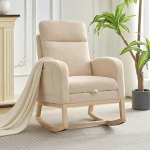 Modern Nursery Rocking Chair, Teddy Upholstered Rocking Chair with Footrest, Rocker Glider for Living Room, Bedroom, Nursing Room，Beige Fabric Armchair Ergonomically Adjustable Seat