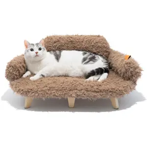 Removable Washable Cover Cat Bed - 26"x18.3"x8.5" Elevated Wooden Pet Sofa for Cats & Small to Medium Dogs, Modern Pet Furniture (Brown)