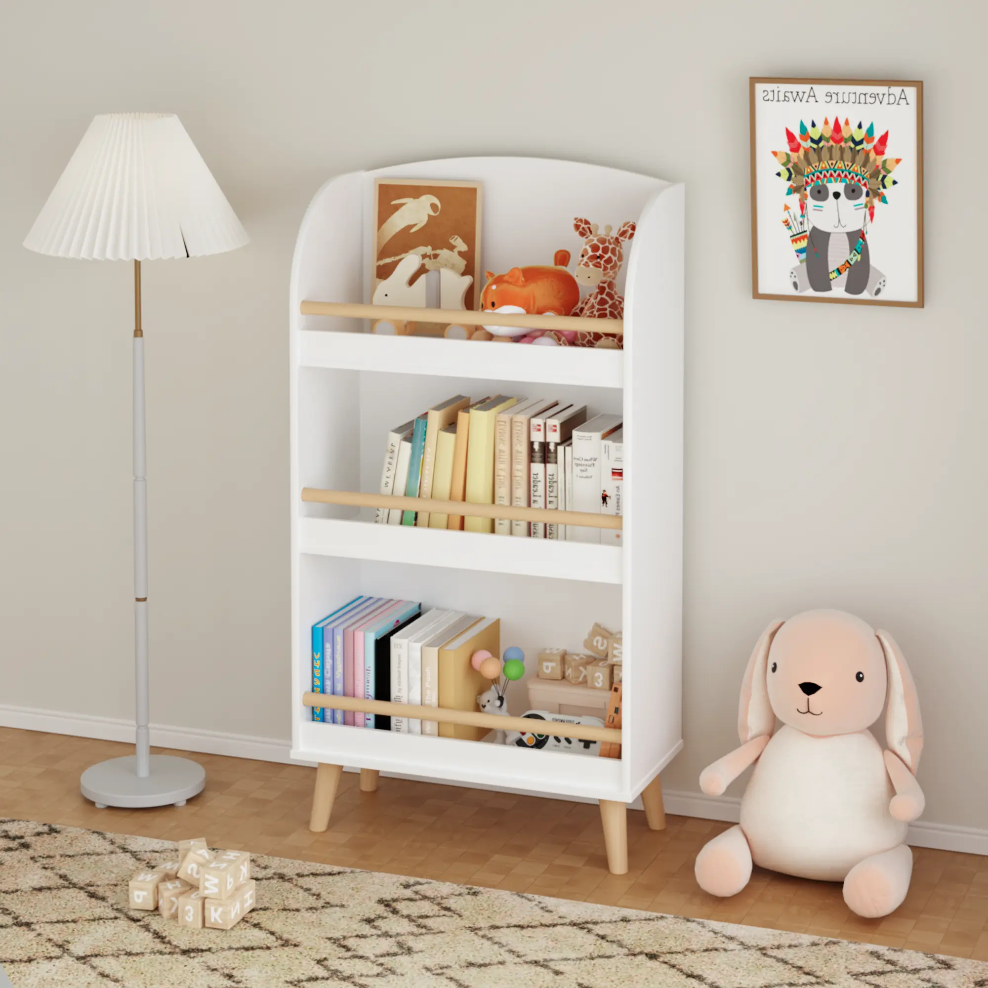 Dufominc White 3-Tier Kids' Design Bookshelf - Indoor Furniture, Bookcase, Toy Storage Organizer Cabinet