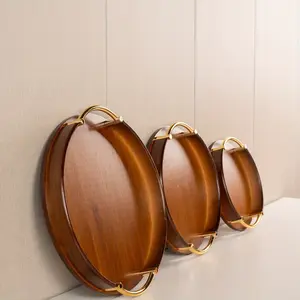 Bamboo Round Serving Tray Set with Metal Handles Stackable Ottoman Brown Trays for Dining Entertainment Decoration Organizing