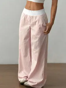 Women's Striped Print Pocket  Pants, Casual Comfy Trousers for Daily Wear, Ladies Bottoms for All Seasons