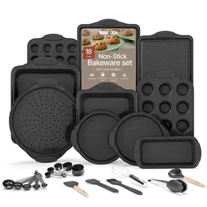 18-Piece Deluxe Nonstick Carbon Steel Bakeware Set - Professional Kitchen Oven Baking Pans with White Silicone Handles and Accessories - Cake Bowl Measuring Measuring Cups Mitt Round Spatula Square Whisk