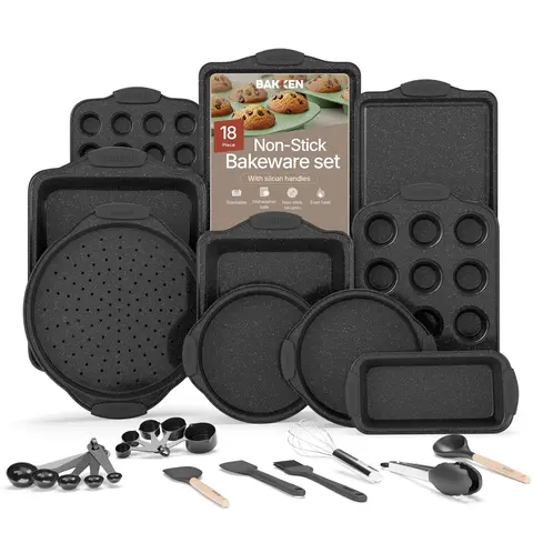18-Piece Deluxe Nonstick Carbon Steel Bakeware Set - PFOA-Free Food Grade Gray Marble Pans with Heat-Resistant Non-Slip White Silicone Handles, Measuring Cups, Measuring Spoon, Cake Bowl, Mitt, Spatula, Whisk, Dishwasher Safe Kitchenware Baking Supplies