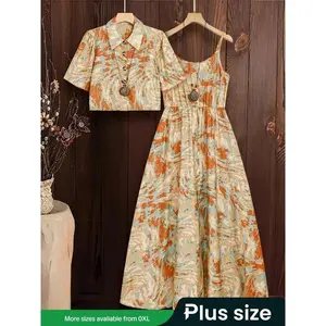 “Plus Size” floral print cami dress with tie shoulders and open-front longline outerwear two-piece set; boho sleeveless spaghetti strap dress and long kimono