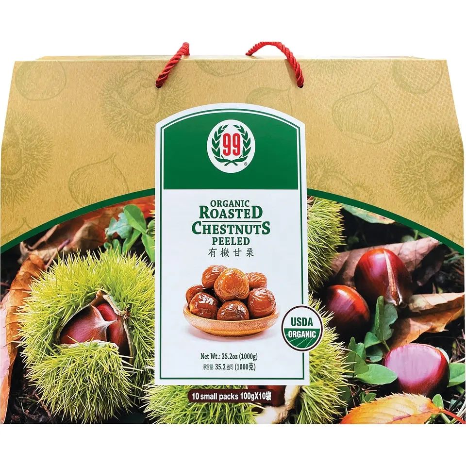 99 RANCH MARKET Organic Peeled Roasted Chestnuts Gift Box Value Pack - 10 Bags, 35.27oz, Sweet, Sugar-Free, High Fiber, Low Calorie, Fat-Free, Wholesome, Potassium-Packed Healthy Snack