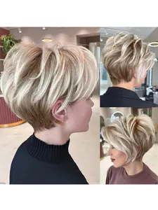 Women's pixie cut wig, layered straight hair, brown-gold color, synthetic fiber, short hair style, heat-resistant fiber, Synthetic material wigs, suitable for everyday use, cosplay, Halloween, parties, music festivals