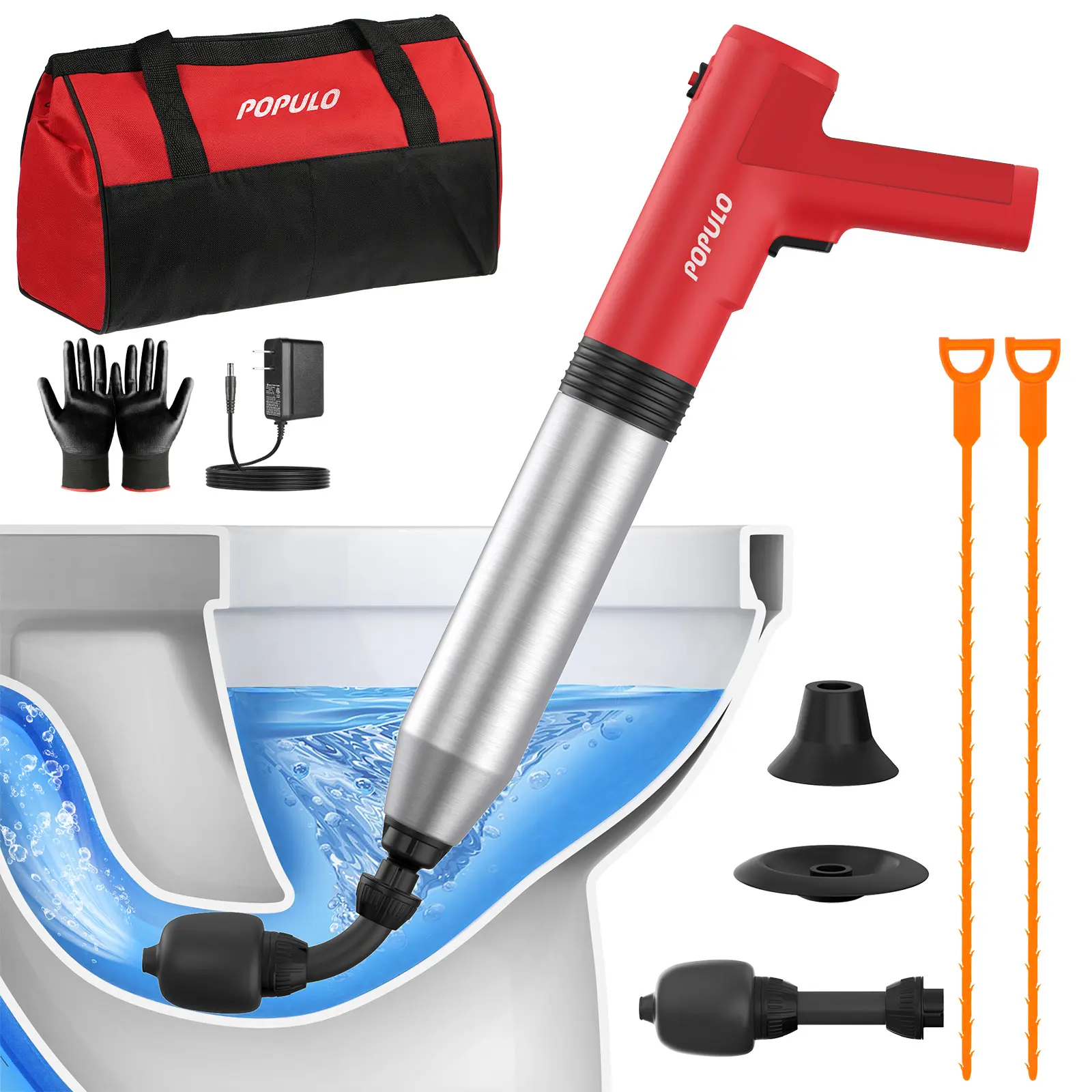 POPULO Electric Toilet Plunger Pump - High-Pressure Air Power Sink Plunger, Effortless Unclogging Tool for Household Bathroom Shower Drainage & Plumbing Clogs