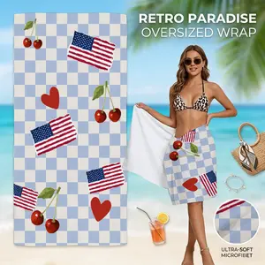 Microfiber Beach Towels American Flags and Cherries on Checkered Background Pop Art Style Sand Free Quick Dry Lightweight Beach Pool Cruise Travel Essentials Retro Americana 4th of July Fruit Swim Towel