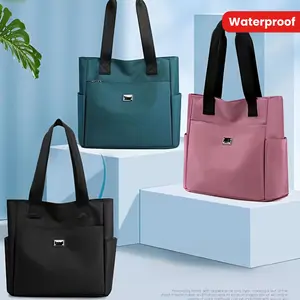 Waterproof Nylon Shoulder Bag, Stylish Solid Color Tote Bag, Casual Multi-pocket Handbag