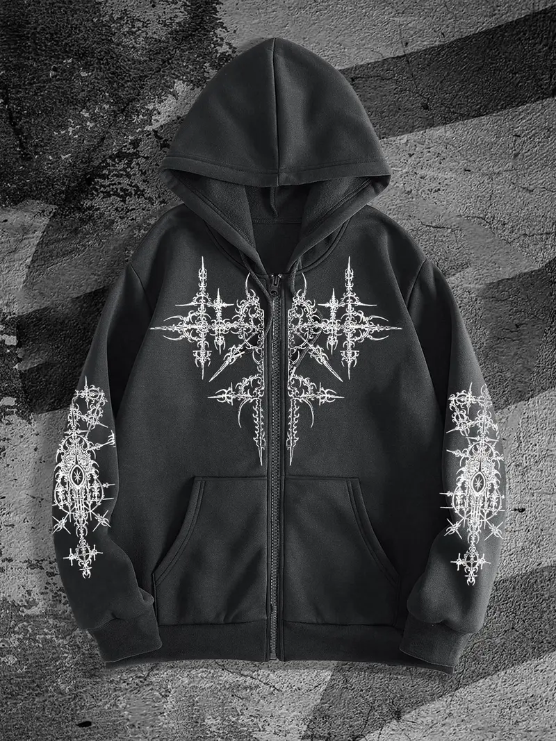 Dark Gothic Thorn Cross Print Hoodie for Men, Y2K Zip-Up Loose