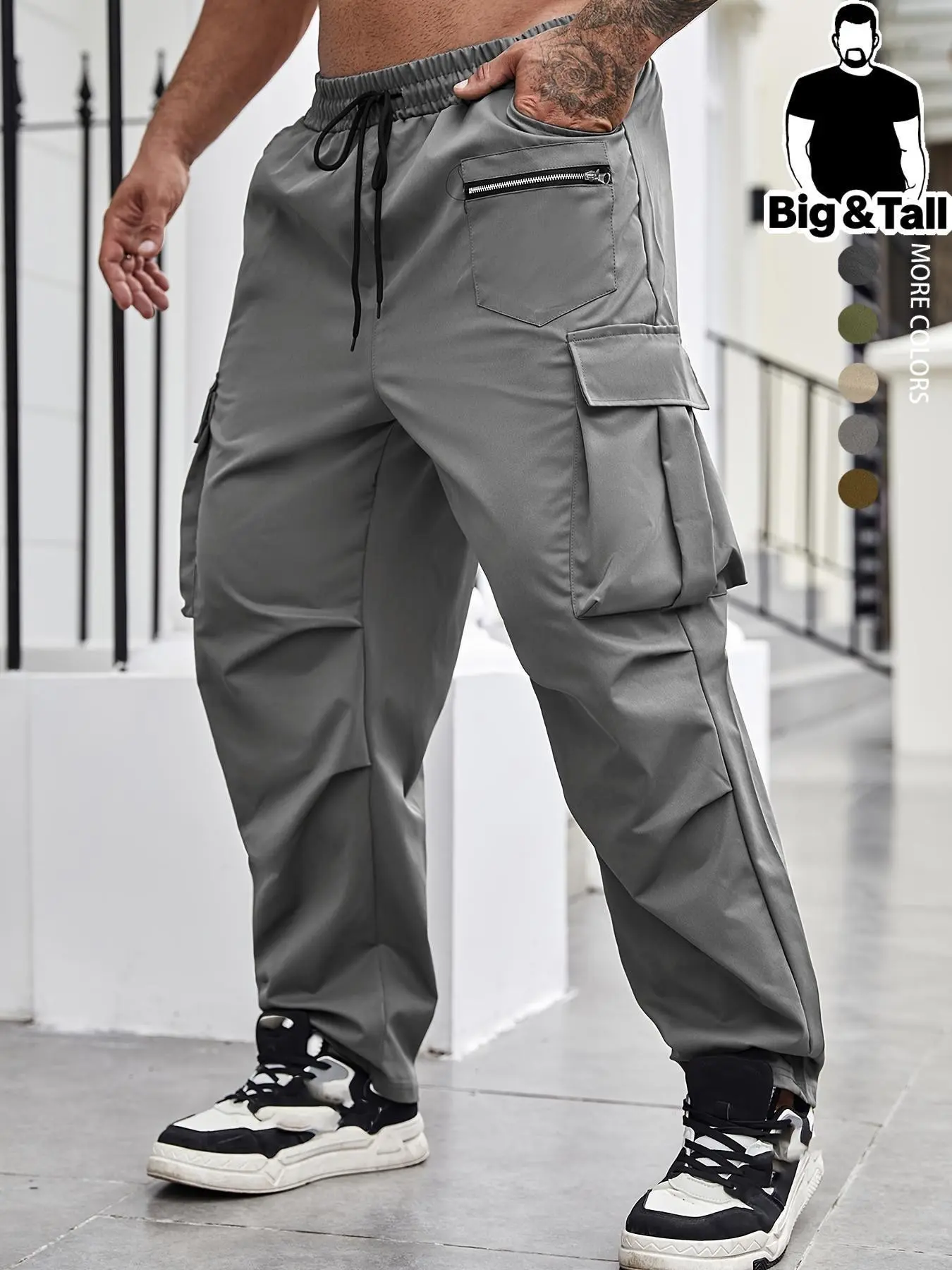 Men's Plus Size Regular Fit Solid Flap Zipper Pocket Cargo Pants, Casual Drawstring Waist Pants for Daily Wear, Casual Fitted Pants, Fashion Plus Size Trousers for All Seasons, Casual Streetwear Trousers, Casual Street Style