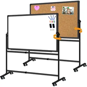 36"x24" Double-Sided Mobile Whiteboard and Cork Boards with Stand Adjustable Height and Angle Rolling  Dry Erase Board