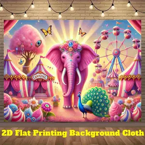 1pc Pink Elephant Circus Polyester Backdrop Banner, Wall Hanging Backdrop - Vibrant 2D Flat Print with Colorful Circus Elements, Ideal for Photography, Indoor/Outdoor Party Decorations, Party Decoration Supplies, Easy Setup Banner