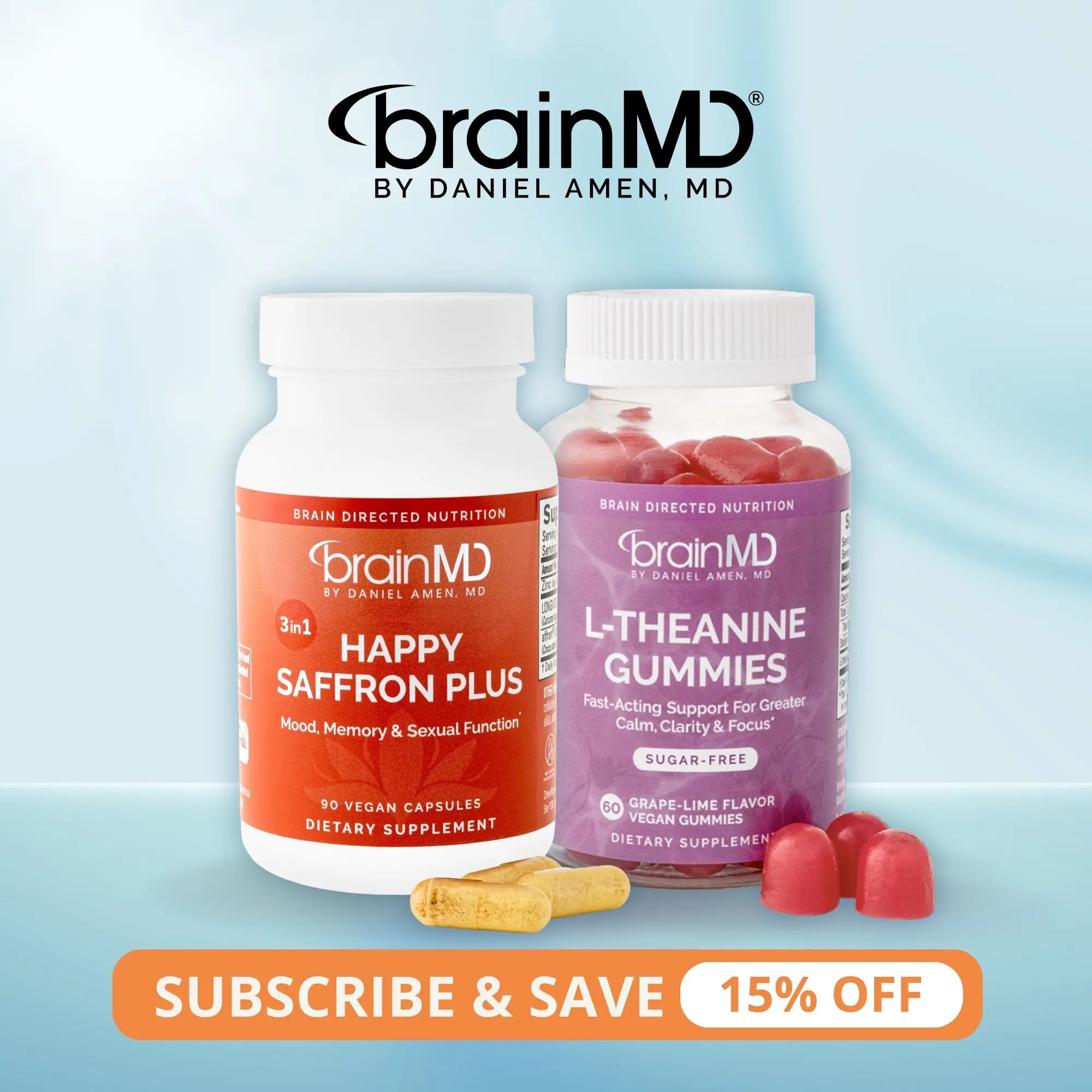 Best of BrainMD Bundle | Happy Saffron Plus 90 Capsules & L-Theanine Gummies 60 Count | Mood & Calm Support | Focus & Stress Relief | Satiereal Saffron with L-Theanine