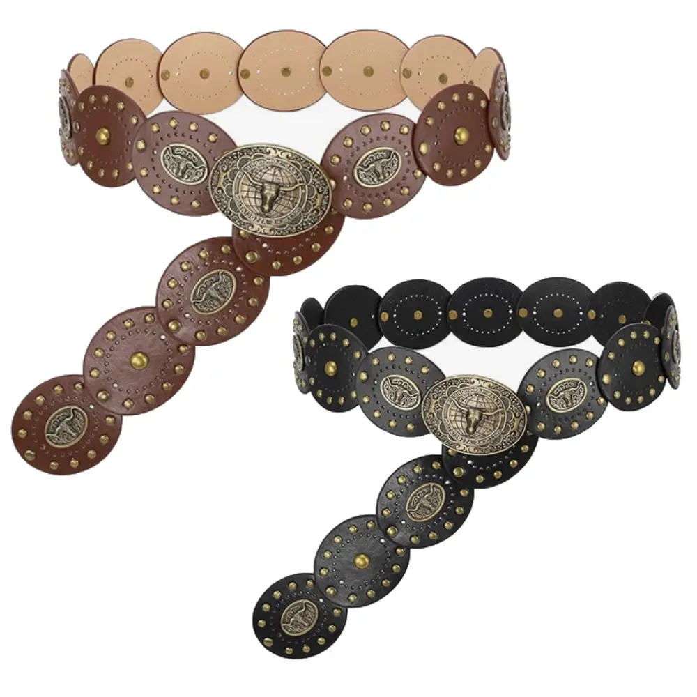 2PCS Women's Boho Disc Belt Cowboy Wide Western Concho Leather Belt for Dresses Jeans Pants