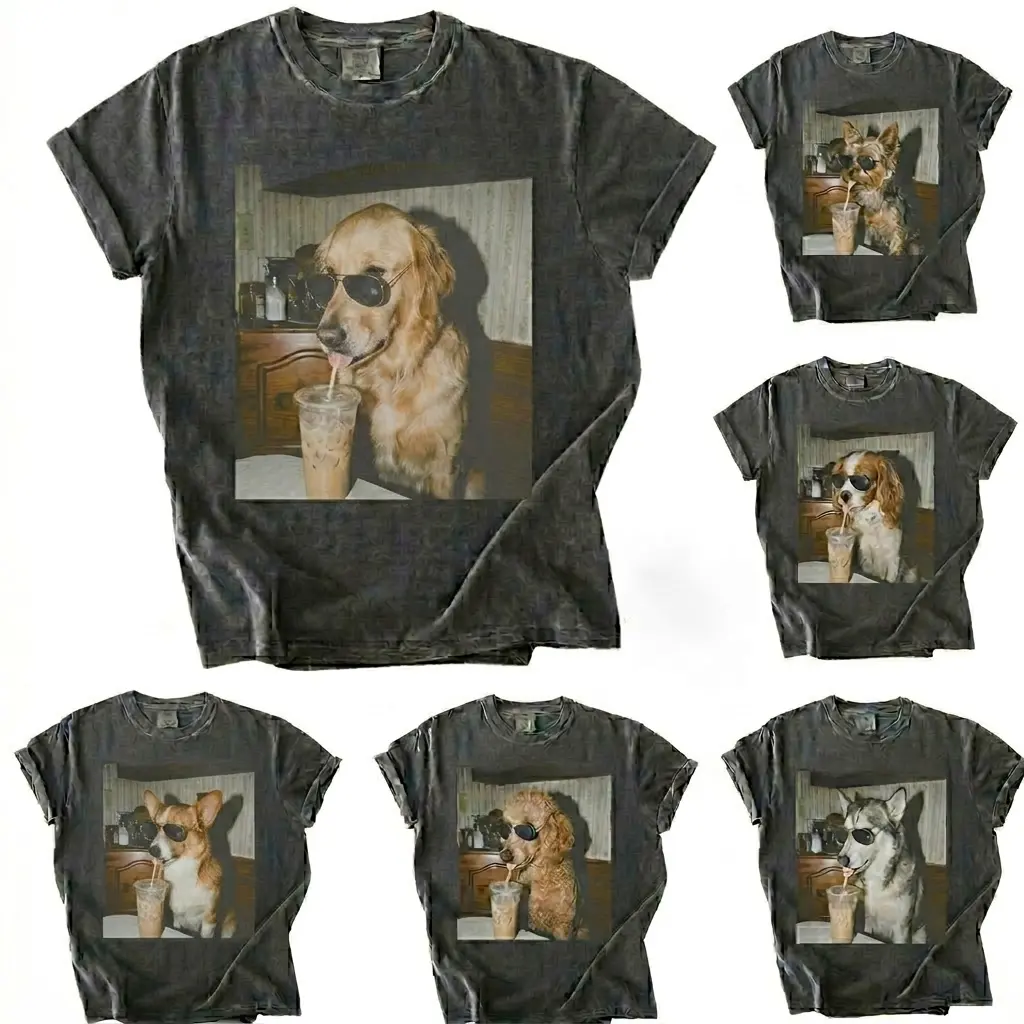 Comfort Colors 50+ Dog Breeds Available Drinking Iced Coffee Shirt, Vintage 90s Funny Edgy Dog Meme Tee, Unisex Fit Design, Casual Streetwear, Gift for Dog Lovers