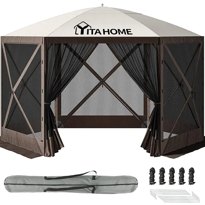 Yitahome 12x12ft Camping Gazebo, Portable Pop Up Canopy Outdoor Screen Tent 6 Sided with Mesh Windows and Carry Bag for Camping, Picnic, Backyard Party Outside Activities, Brown