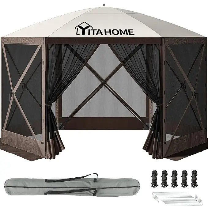 Yitahome 12x12ft Camping Gazebo, Portable Pop Up Canopy Outdoor Screen Tent 6 Sided with Mesh Windows and Carry Bag for Camping, Picnic, Backyard Part
