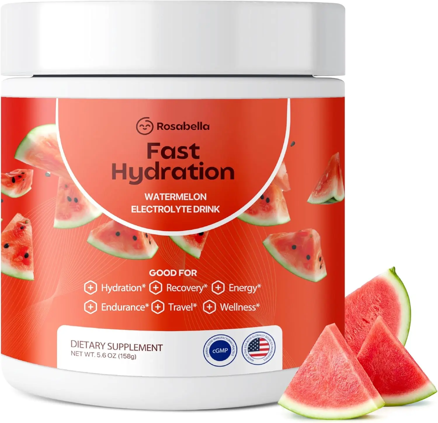 Electrolyte Drink Powder Watermelon Flavor Sugar Free Hydration Drink Mix Electrolytes Powder with Sodium Potassium Magnesium and Calcium Travel Jar 30 Servings for Workout Recovery Dehydration Relief Exercise and Everyday Hydration