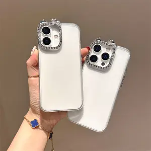 Electric drill cat ear case for iPhone 16 Pro Max, 14/15 Pro, transparent, shockproof, simple, cute, fashionable, soft protective case for women.