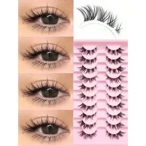 10 Pairs Natural Curly Cat Eye Transparent Stem False Eyelashes For Cosplay, Suitable For Beginners