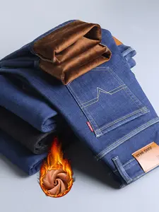 Men's Fleece Lined Thick Denim Jeans, Loose Straight Leg Elastic Big Size Business Casual Pants for Fall Winter, Comfortable & Stylish