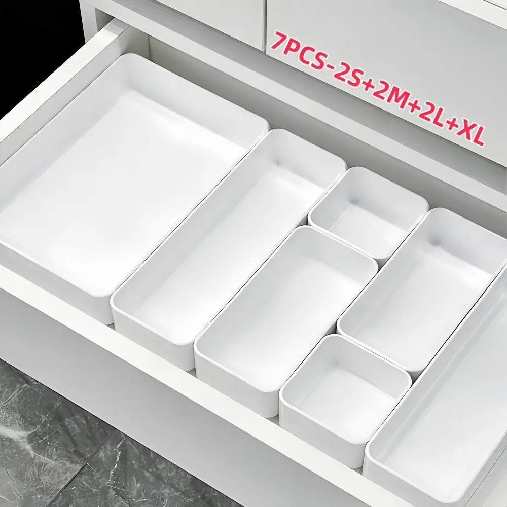 7 Pack Modular Drawer Organizer Trays, Multi-Size Free Combination White Plastic Drawer Divider Inserts, Custom Layout Storage Bins for Kitchen Utensils, Makeup Vanity, Desk Stationery, Bathroom Jewelry