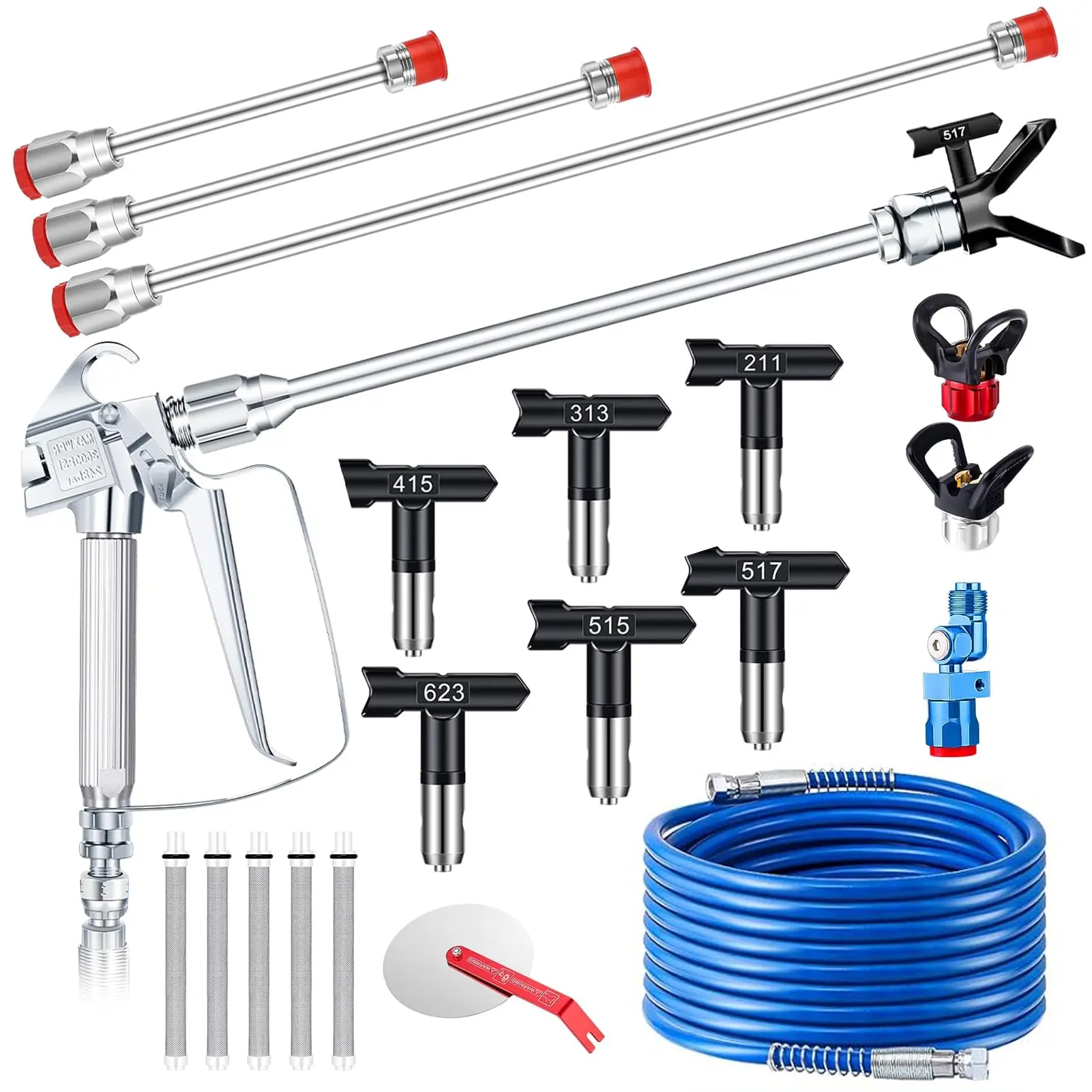 17/22 Pcs Airless Paint Sprayer Gun Set Including Spray Gun Hose 5 Types Nozzles 3 Sizes Extension Pole 5 Airless Spray Gun Mesh Filters Baffle Nozzle Holder (Multi Color,211, 313, 415, 517, 623)