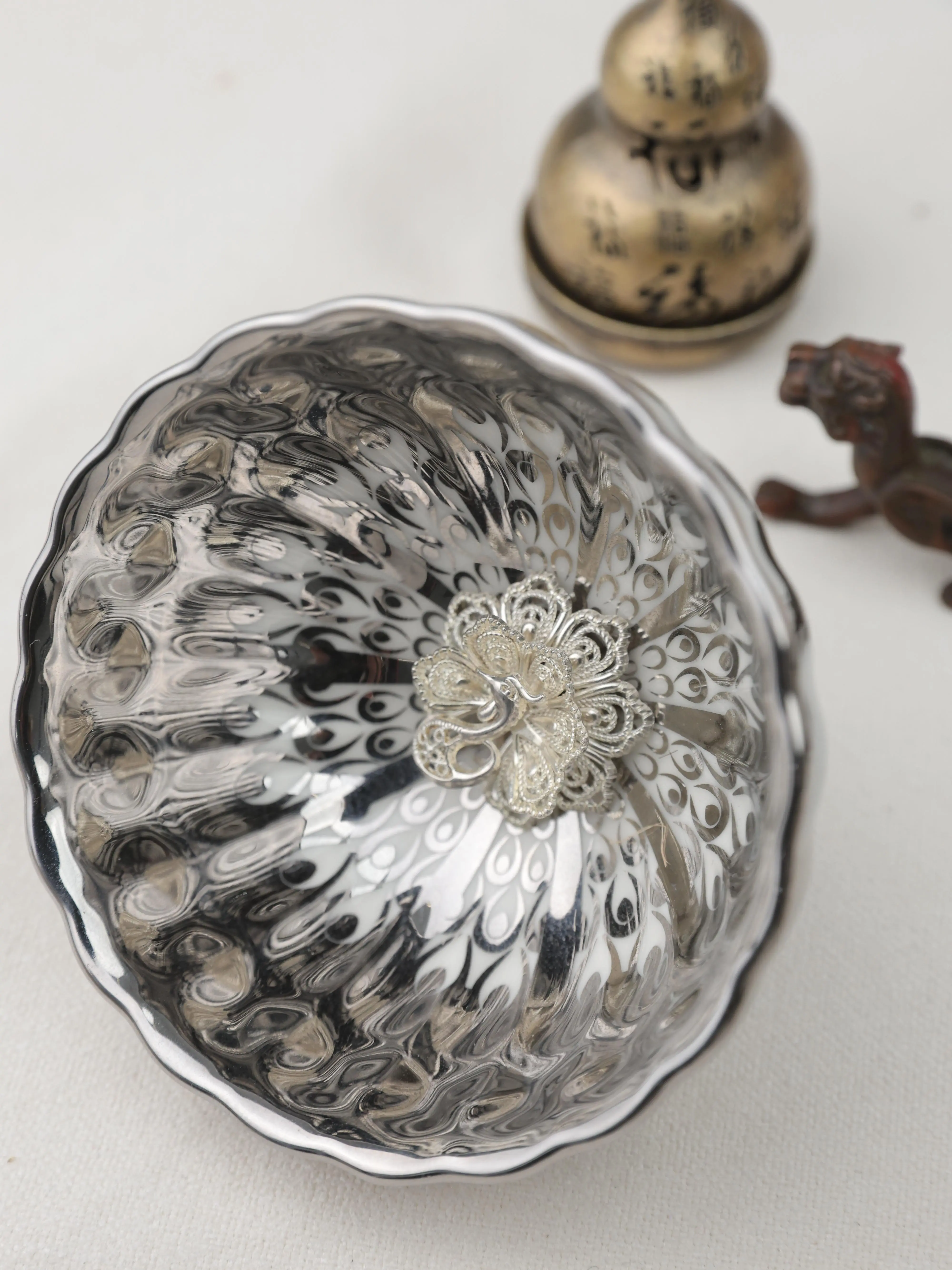 Handmade Silver Peacock Kungfu Tea Cup, Luxurious Tenmoku Jianzhan Master Cup for Meditation Room Lifestyle Aesthetic Gift Drinkware Mug Tumblers