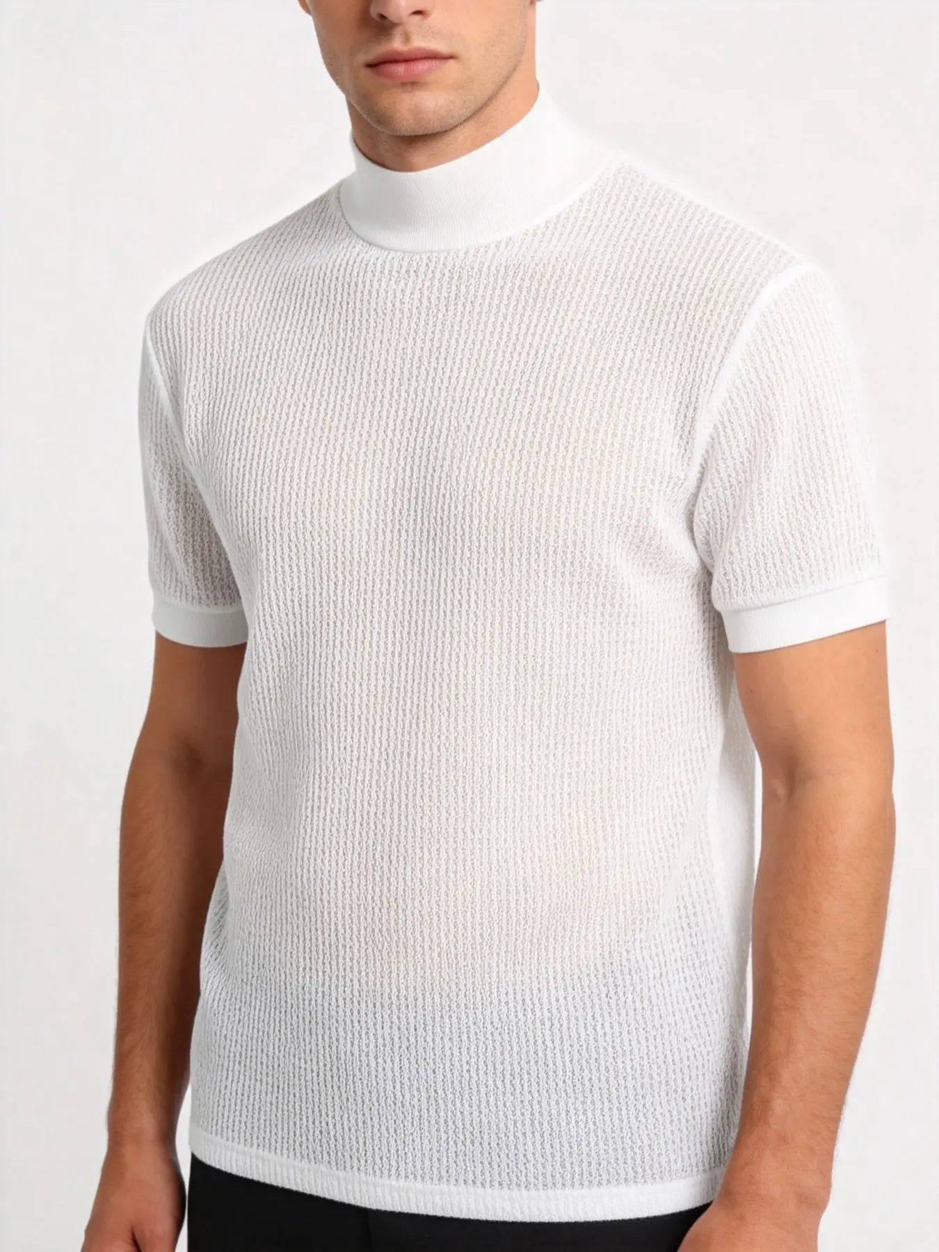 Men's Solid Plain High Neck Knit Water Ripple Wave Short Sleeve Knitted T-Shirt, Stylish Casual Basic Minimalist Style Menswear Sport Top, Casual Athleisure Tee, Outdoor Travel and Daily Essential