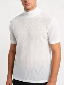 Men's Solid Plain High Neck Knit Water Ripple Short Sleeve Knitted T-Shirt, Stylish Casual Menswear Sport Top, Outdoor Travel and Daily Essential