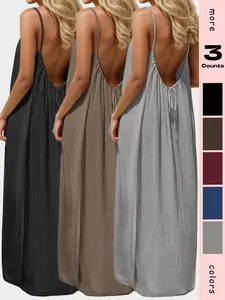 Women's Backless Strapless Dress, Casual Sleeveless Long Sundress with Adjustable Back Tie Design, Solid Pure Color Home Wear
