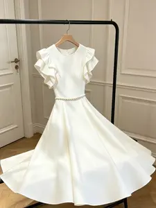A women's fashionable French elegant collar, flying sleeves, pearl waist accessory dress with high waist and large display, suitable for summer, suitable for booking wedding banquets, thank-you banquets, travel, concerts, and graduation dances