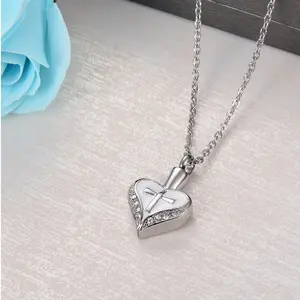 316L Stainless Steel Zirconia Heart with Cross Cremation Urn Pendant Necklace