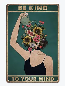 POPPY Be Kind to Your Mind Vintage Tin Signs Hippie Boho Wall Art Encouragement Gifts for Women Home Office Bedroom Living Room Cafes Wall Decor 8x12 Inch