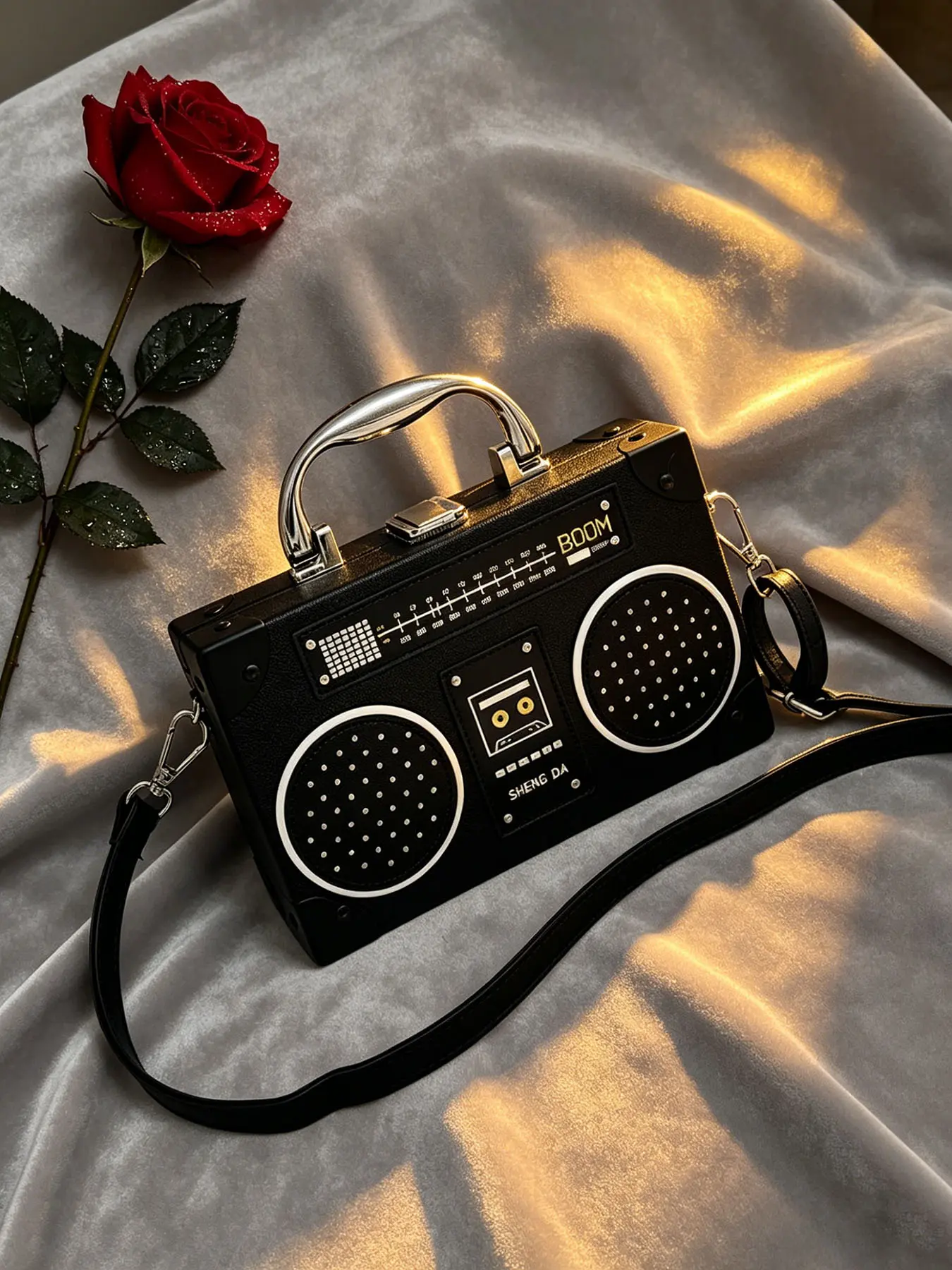 Funky Retro Radio Crossbody Bag, 3D Boombox Shaped Shoulder Purse with Detachable Strap, Structured Box Clutch, Unique Fashion Accessory for Everyday & Parties