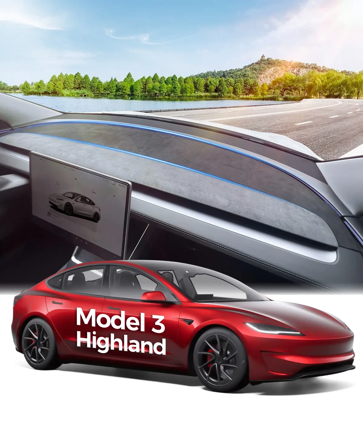 Dashboard Cover for Tesla Model Y Juniper & Model 3 Highland (2024–2025), Anti-Glare Suede Dash Mat, Custom Fit Sunshield Dash Protector,Interior Accessories (for Model 3 Highland 2024-25)