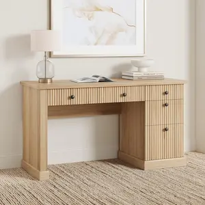 Fluted Home Office Desk Storage, 54 in Modern Executive Desk with Charging Station, Wooden Computer Writing Desk with File Cabinet & Drawers for Study, Living Room, Bedroom-Burlywood