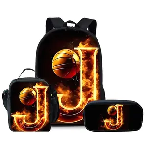 Set of Three Backpacks Featuring a Flame Basketball Design with The Letter J, Suitable for Both Teenager And Teenager., For Teenager, For Teenager
