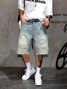 Men’s Vintage Distressed Ripped Denim Shorts, Loose Fit Frayed Hem Five-Pocket Jean Shorts