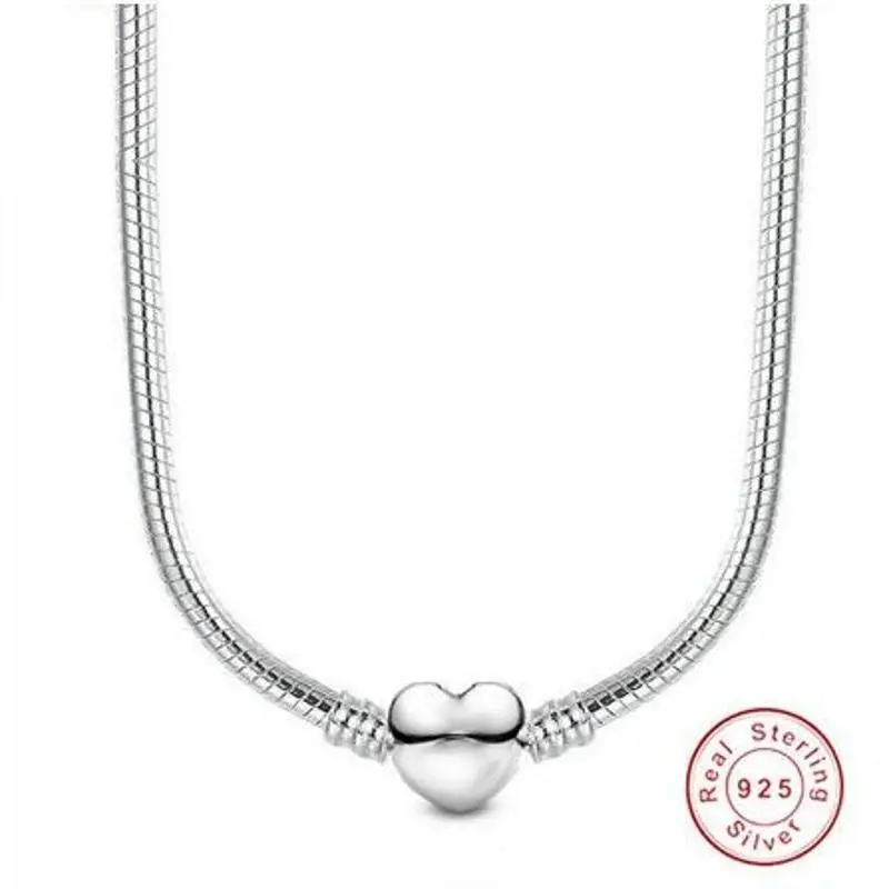 Heart Love 925 Sterlin Silver Snake Chain Necklace Secure Ball Clasp Beads Charms Chocker Necklace For Women Wedding DIY Jewelry, Heart Charm Necklaces