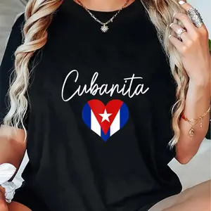 Cubanita Cuban Heritage Gift Tee 100% Combed Cotton Cuban Flag Heart Design Short Sleeve Weekend Vacation Top S to 5XL